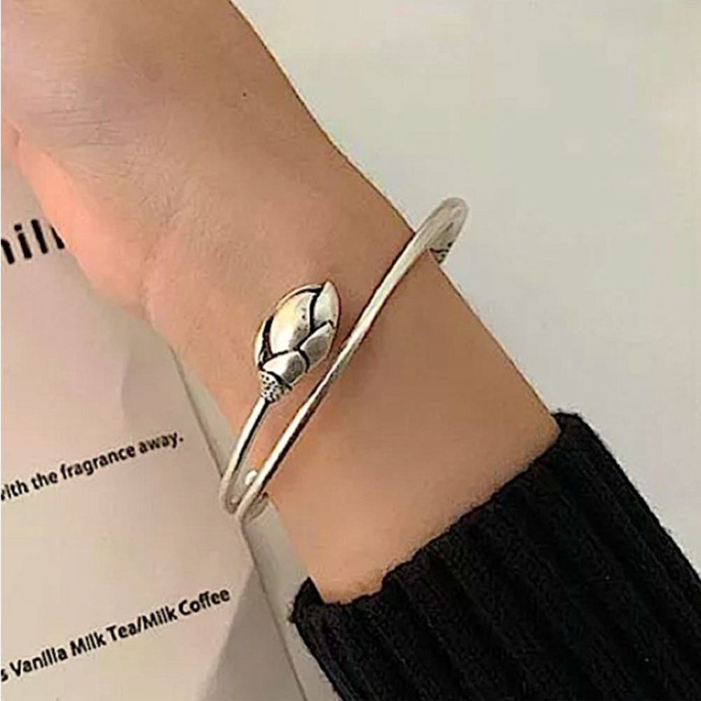 STERLING SILVER ROSE FLOWER BANGLE BRACELET - Picture 7 of 8